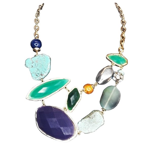 Asymmetrical Statement Necklace Chunky Turquois Stone and Bead - Picture 1 of 6